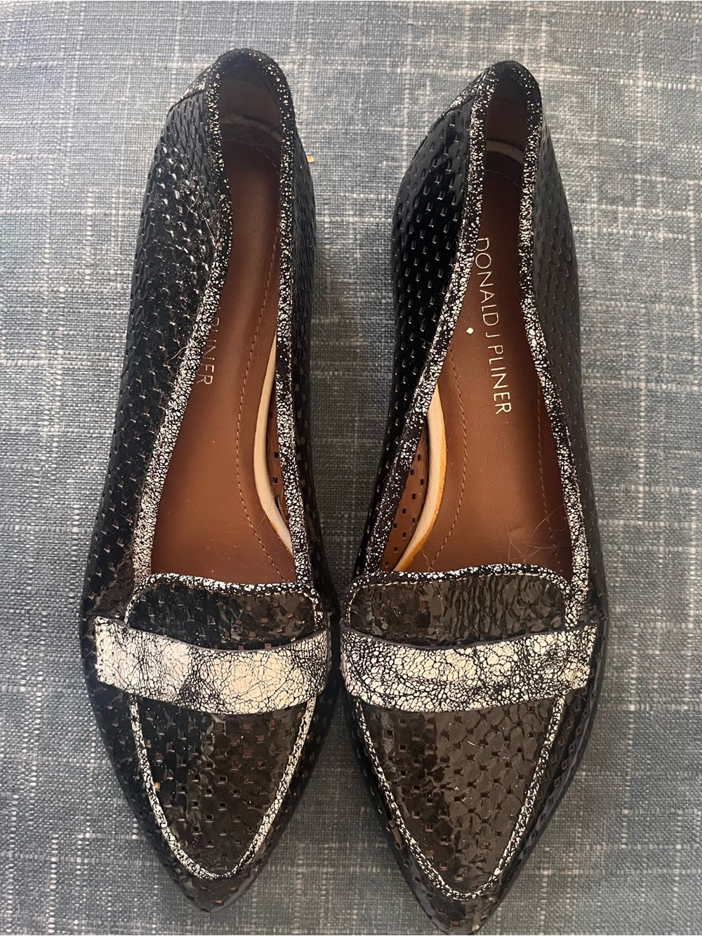 Donald J. Pliner Black and Silver Pointed-Toe Loafers